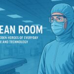 Technician in sterile PPE inspecting HEPA filters in a pharmaceutical cleanroom