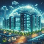 A modern, eco-friendly data center using advanced cooling and renewable energy technologies.