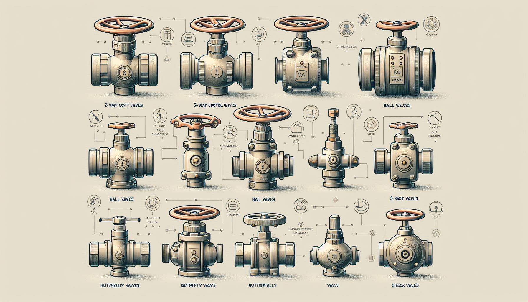 A variety of HVAC valves including 2-way, 3-way, and check valves, showing their different uses in a heating and cooling system.