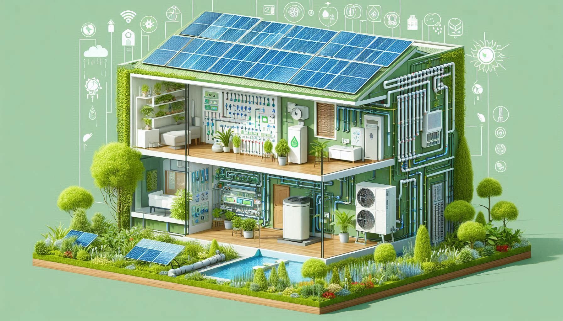 Illustration of sustainable HVAC system in a green building.