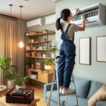 Professional technician inspecting and repairing an air conditioning unit, emphasizing thorough service and expertise.