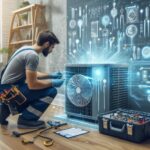 Technician repairing an air conditioner in a home setting.