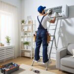 Technician performing air conditioning service at a residential location.