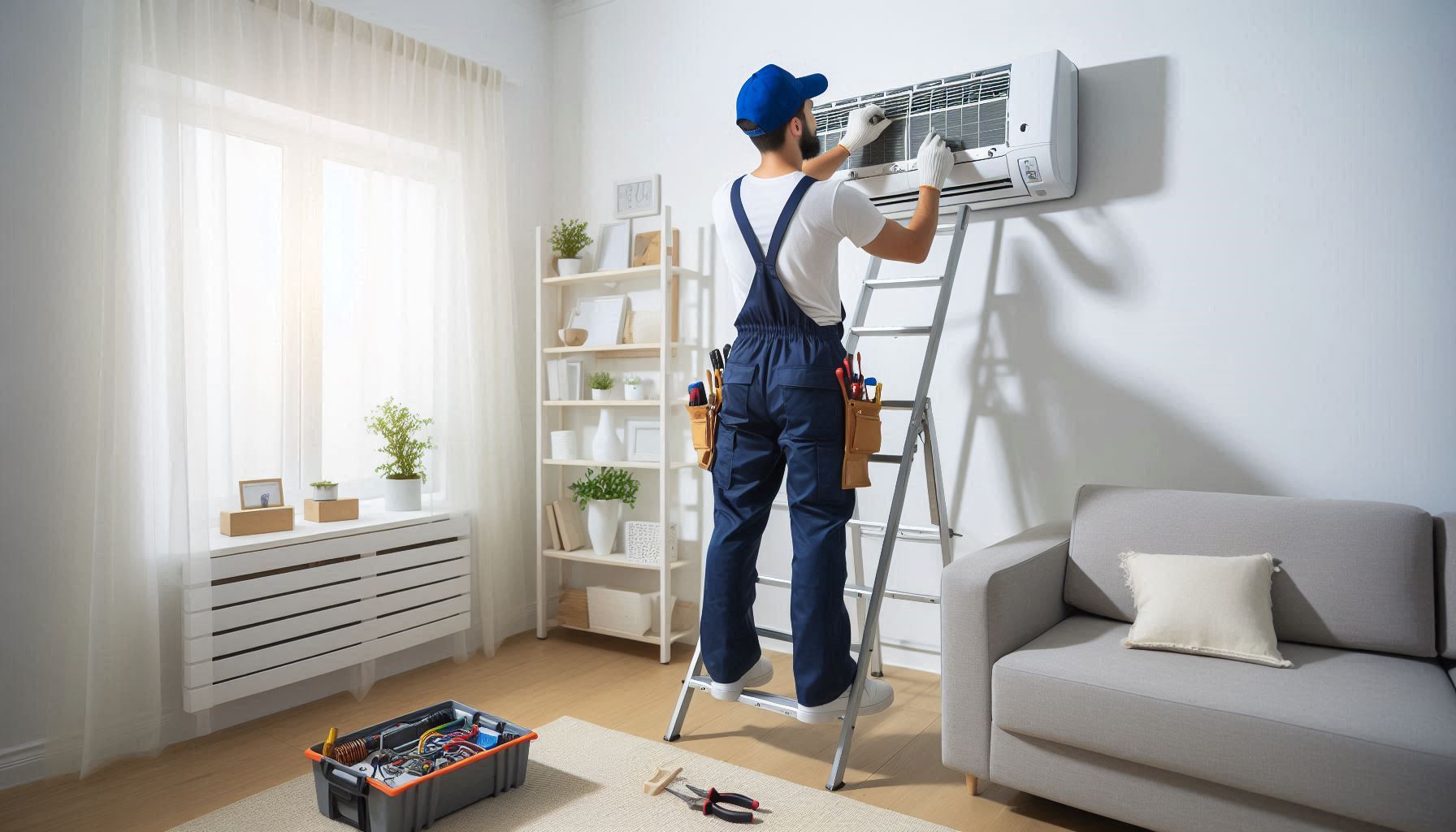 Technician performing air conditioning service at a residential location.