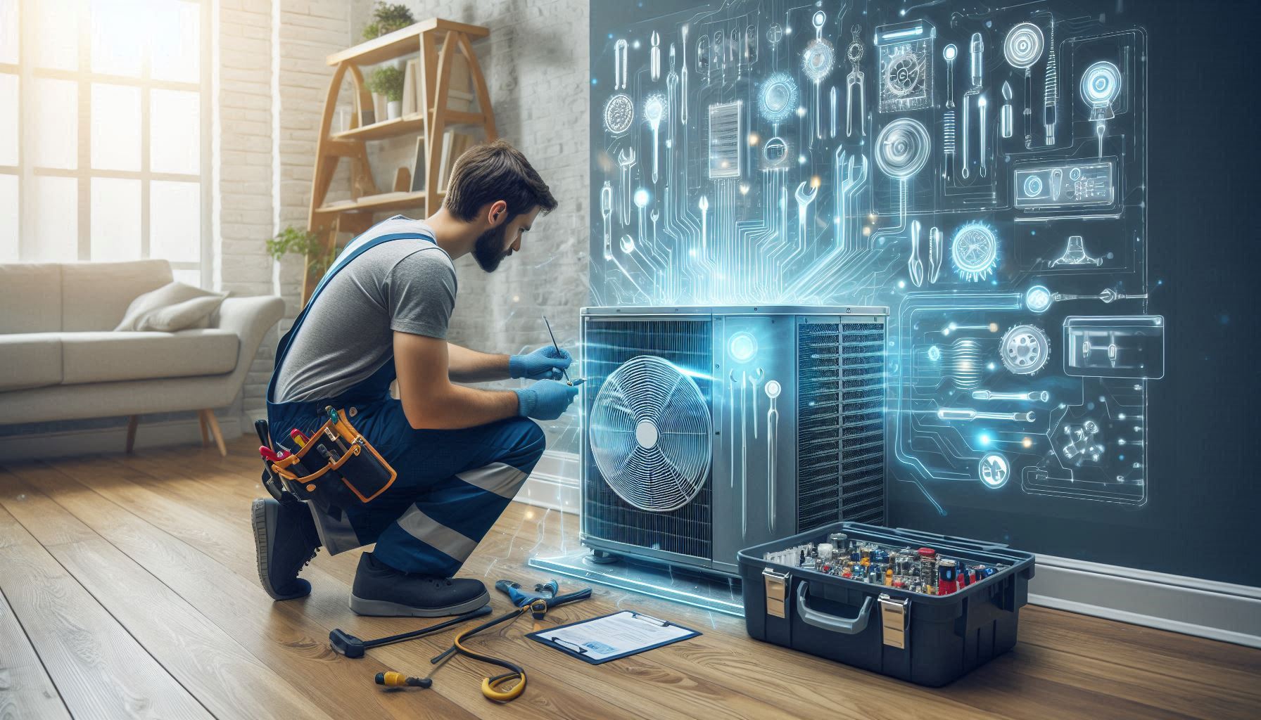 Technician repairing an air conditioner in a home setting.