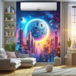 Split AC with glowing AI interface cooling a modern Indian living room.