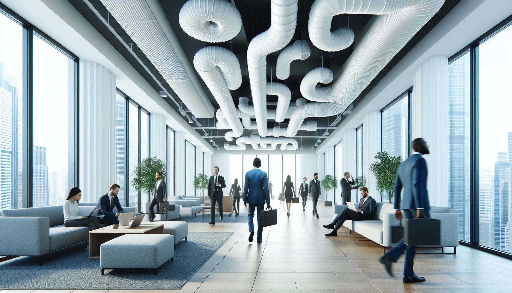 3D printed ductwork installation in a commercial building.
