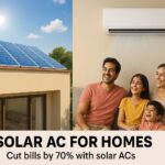 A modern Indian home's rooftop with solar panels under a sunny sky, powering an indoor split AC. A happy family of four relaxes in the living room, enjoying cool air and comfort.