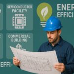 HVAC consultant analyzing building energy performance on a blueprint layout.