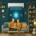 A modern split AC unit installed in a living room