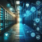 Split-view digital illustration showing smart HVAC systems on one side and cybersecurity elements protecting data centers on the other.