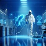 An operator wearing cleanroom attire in a pharmaceutical facility