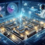 Cross-sectional view of a semiconductor clean room with advanced HVAC ducts, digital sensors, and real-time airflow visualizations