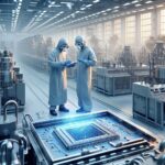 Cleanroom semiconductor manufacturing with advanced HVAC contamination control system.